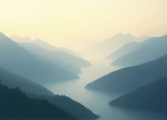 Winding river flowing through misty mountains at sunset