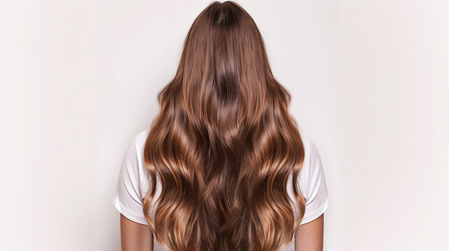 A back view of a woman with glossy and curly brown hair on a white background, haircare shampoo, and coloration