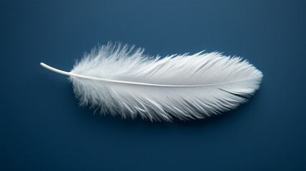 Soft natural down feather lying gracefully on a textured blue surface, showcasing its delicate structure and design