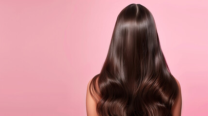 Fototapeta premium back view of a brunette woman with glossy and healthy hair on a pink background