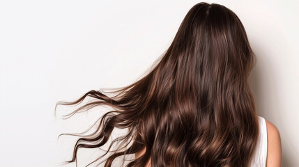 Fototapeta premium A back view of a woman with thick, flowing dark brown hair, full of shine and vitality