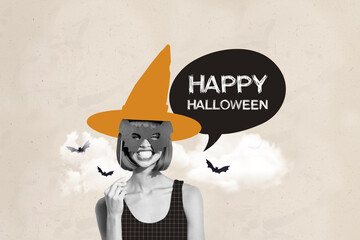 Composite photo collage of happy girl wear witch masquerade costume bat mask halloween bubble...