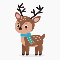 Cute deer wearing a scarf flat style vector illustration isolated on white background