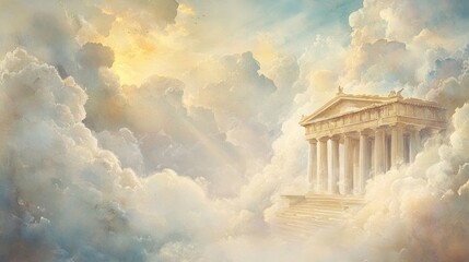 An ancient, majestic temple with a golden glow, stands on a cloud in the sky.