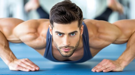 Fototapeta premium Muscular Man Performing Push-Ups on a Blue Mat