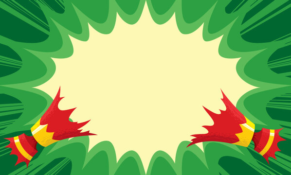 Christmas cracker in red and gold pulled open with cartoon flash bang starburst over xmas green background with rays explosion panel with copy space