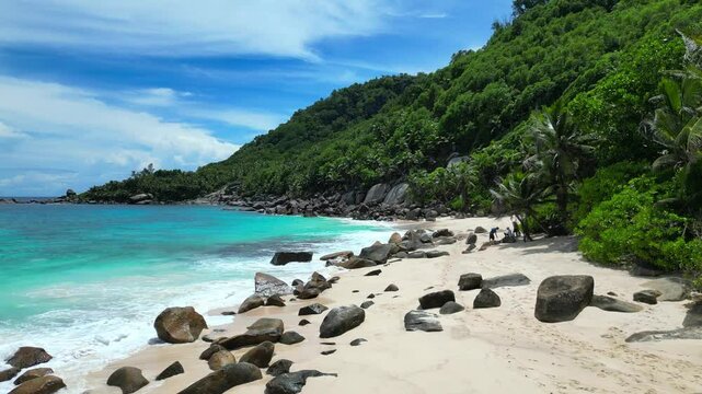 Anse Capucins Beach Mahe Island Seychelles Drone Shot Video 4K