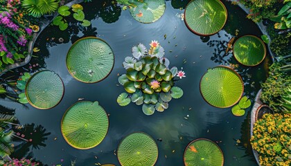 Aerial View of Giant Water Lily Pads in a Pond