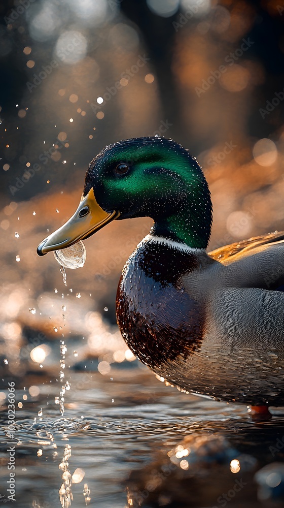 Poster a close-up of a mallard duck with a drop of water on its beak, with a bokeh background.