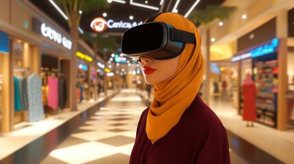 Obraz premium A woman with a yellow headscarf and stylish attire immersed in a virtual reality experience inside a bustling shopping mall. Colorful stores and shoppers surround her as she engages with technology.