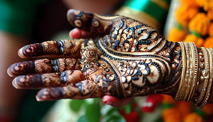 Intricate henna designs adorn a bride's hand, symbolizing beauty and tradition