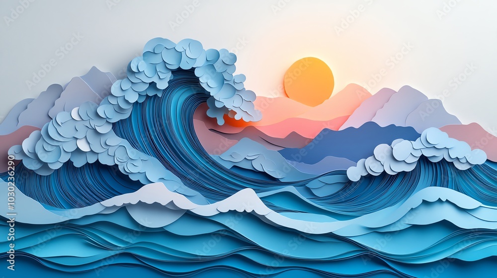 Poster repeating paper cut wave pattern with smooth curves, creating a fluid and dynamic wall decoration, p