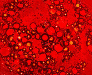 Gel with bubbles. Red drops and bubbles of pure water, red abstract water background.
