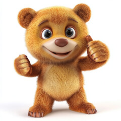 Fototapeta premium 3d funny cartoon brown bear with a thumbs up gesture close up, isolated, on a white background. Illustration, decor, print for clothes, design for printing on fabric, paper, plastic, porcelain.