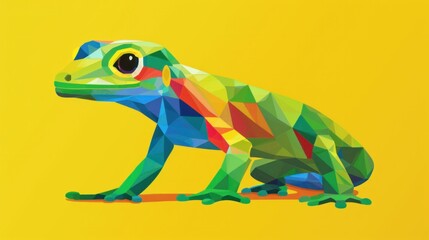 Fototapeta premium Colorful geometric frog illustration on a bright yellow background, emphasizing vibrant colors and modern design elements Ideal for nature and art themes