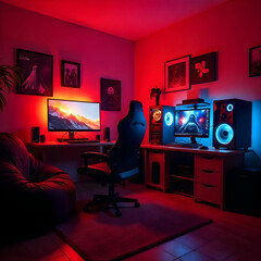 A vibrant gaming room illuminated with red and blue lights,