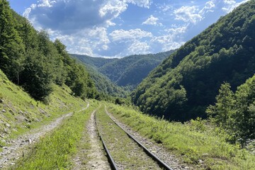 Fototapeta premium Serene railway tracks winding through lush green hills under a bright blue sky