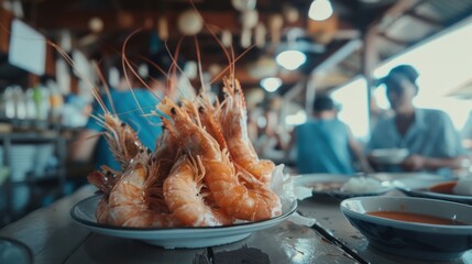 Closeup of Cooked Shrimps on a White Plate with Dipping Sauce