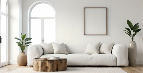 Fototapeta premium Grunge old accent coffee table near white sofa against arched window and white wall with big art poster frame. Minimalist, art deco interior design of modern living room, home.