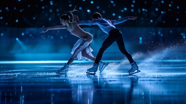 A pair of figure skaters executes a flawless routine on a shimmering ice rink, illuminated by dazzling blue lights