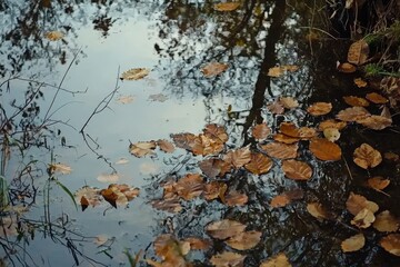 Obraz premium Reflections of autumn leaves drifting on a tranquil pond surrounded by trees