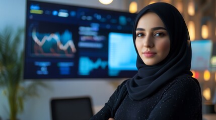 A confident young woman wearing a hijab stands in front of digital financial charts and graphs in a modern office environment, showcasing her professional expertise and engagement with data analysis.
