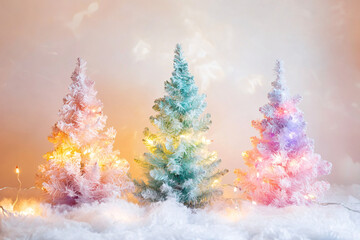 Three pastel-colored Christmas trees with lights glow in a fluffy snowy landscape evoking a soft and magical winter holiday scene  
