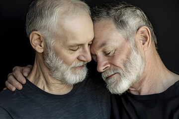 A touching moment between two senior men embracing affectionately, showcasing their love and connection in a minimalistic setting - Powered by Adobe