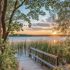 Golden Hour Serenity Tranquil Lake View with Wooden Path, Reeds, and a Picturesque Sunset