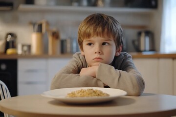 A young boy gazes longingly at his uneaten meal in a cozy kitchen setting during dinner time
