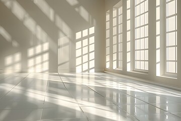 Fototapeta premium Sunlit Minimalist Interior with Large Windows and Gleaming Floor for Modern Design Inspiration
