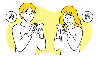 スマホの操作に困る若い男女のカップル・シンプルでポップなベクターイラスト