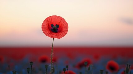 A solitary red poppy blooms against a soft sky, standing out in a sea of vibrant flowers.