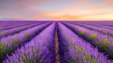A vibrant lavender field stretches under a colorful sky, showcasing rows of blooming lavender plants in full bloom.