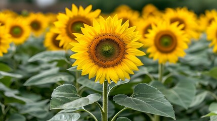 Obraz premium A vibrant field of sunflowers in full bloom, showcasing bright yellow petals and green leaves, creating a cheerful and sunny atmosphere.