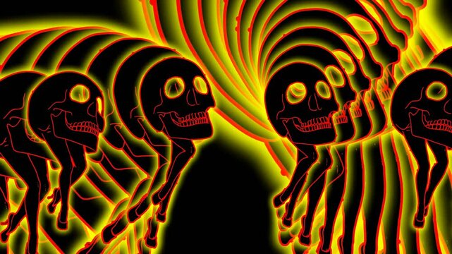 Seamless animation of walking skulls printed drawn style cartoon. Hypnotic halloween background glow effect.