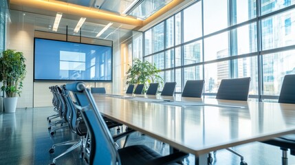 Modern conference room with a long table, chairs, and large windows for meetings.