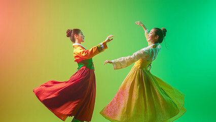 Two women dancing gracefully, wearing vibrant traditional dresses, celebrating cultural heritage....