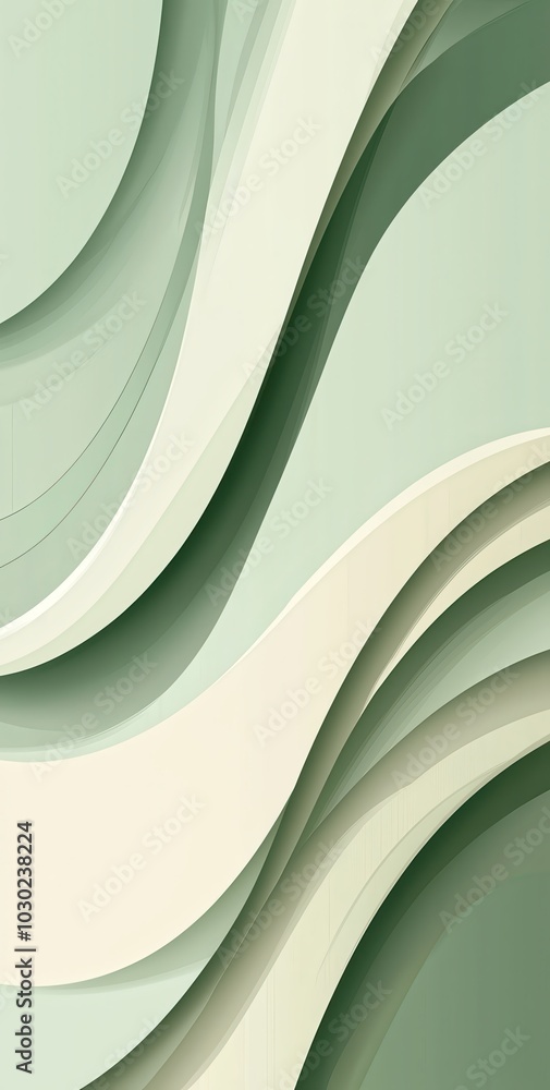 Poster simple minimalistic flat graphic design with flowing green wave patterns and abstract leaf elements