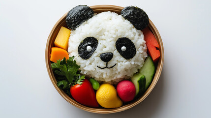 Adorable panda-shaped rice ball in a bento box, accompanied by colorful vegetables, creating a fun and nutritious meal perfect for kids and Japanese cuisine lovers.