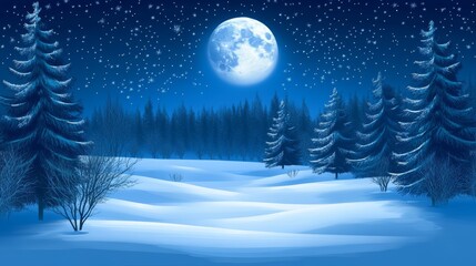 A serene winter landscape under a bright moon, surrounded by snow-covered trees and twinkling stars.