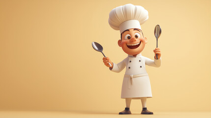 happy cartoon chef wearing a traditional white uniform and holding a whisk and spoon, ready to cook. Bright and cheerful culinary character on a yellow background.