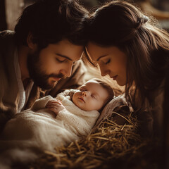 Close-up of baby Jesus in a wooden manger, with Mary and Joseph lovingly looking over, soft warm light illuminating their faces