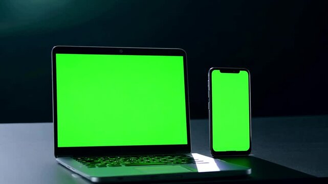  Set of laptop phone with green screen, on black background. Generative AI