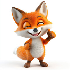 Naklejka premium 3d funny cartoon little fox with a thumbs up gesture close up, isolated, on a white background. Illustration, decor, print for clothes, design for printing on fabric, paper, plastic, porcelain.