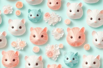 seamless pattern of 3D hamster head animal , paper quill pattern.	