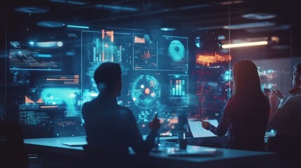 A group of business professionals are gathered around a table in an office, looking at a large screen displaying data visualizations.