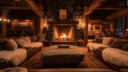 A cozy mountain cabin interior with rock-inspired wallpaper behind a fireplace