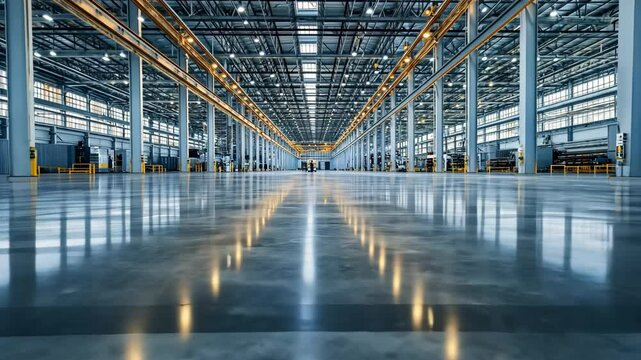 A large, empty factory floor with polished concrete floors and a series of overhead lights