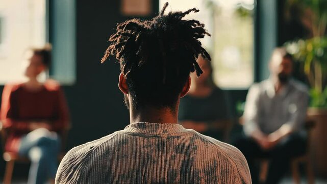 A man with dreadlocks sits in a group therapy session, listening intently